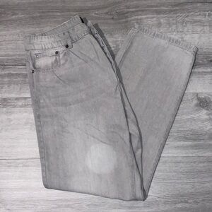 BooHoo jeans. Color is grey, relaxed fit, size is a 33W and 32L.